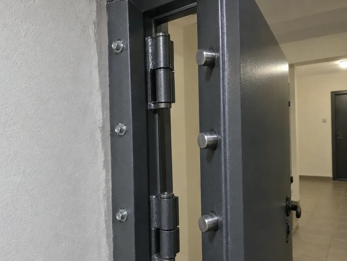 Lado de las bisagras de una puerta acorazada con pivotes de acero que encajan en el marco