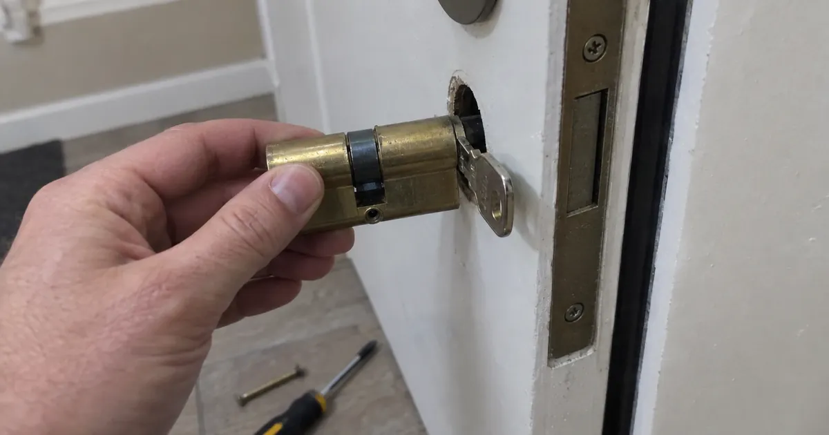 Manos cambiando el bombín de una puerta de entrada abierta con un destornillador
