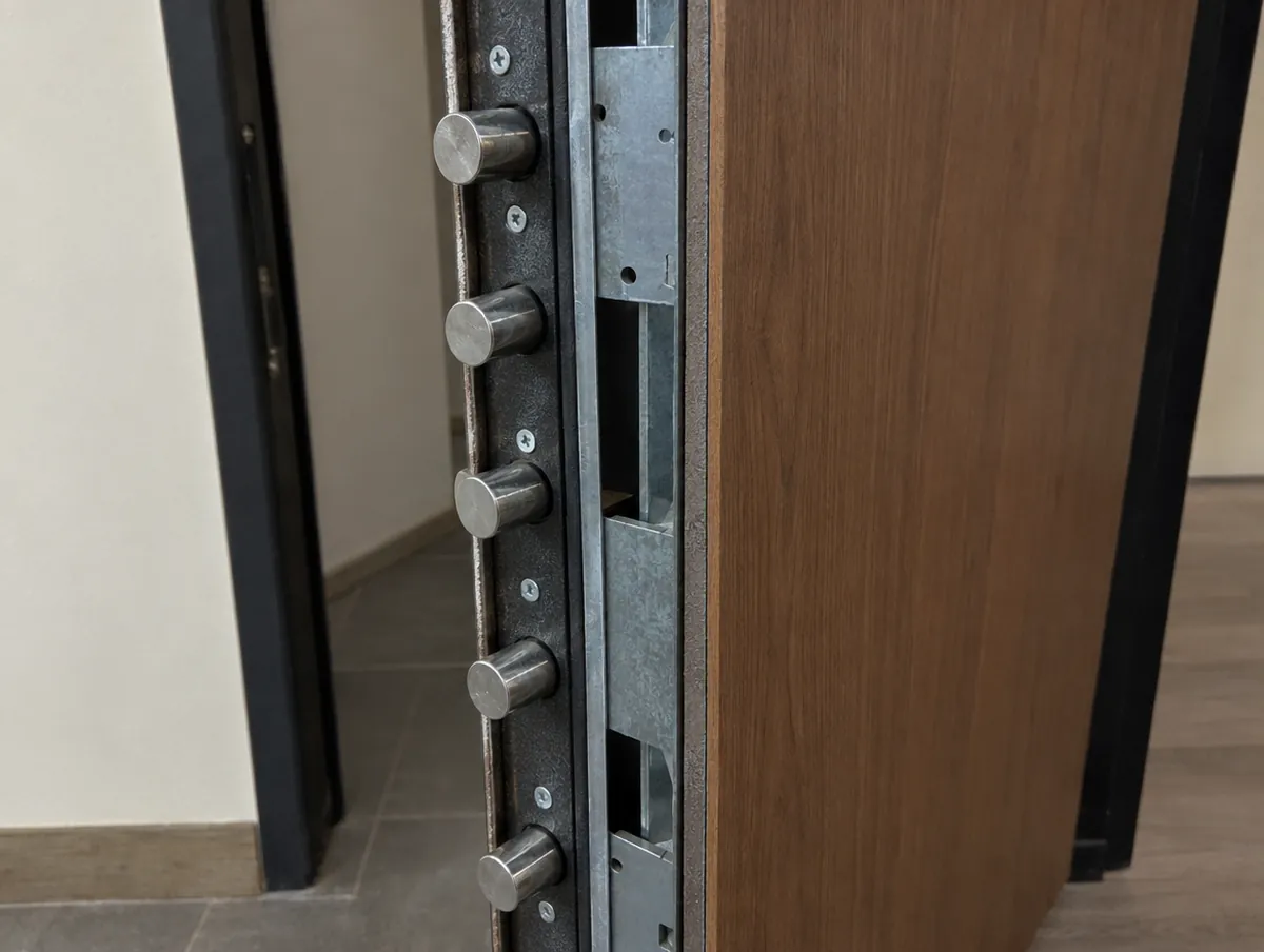 Canto de una puerta de seguridad abierta con varios bulones de acero salientes a lo largo de la cerradura