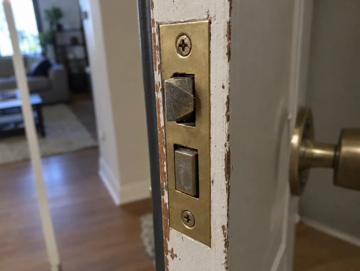 Canto de una puerta abierta con el resbalón biselado y, debajo, el cerrojo de la cerradura